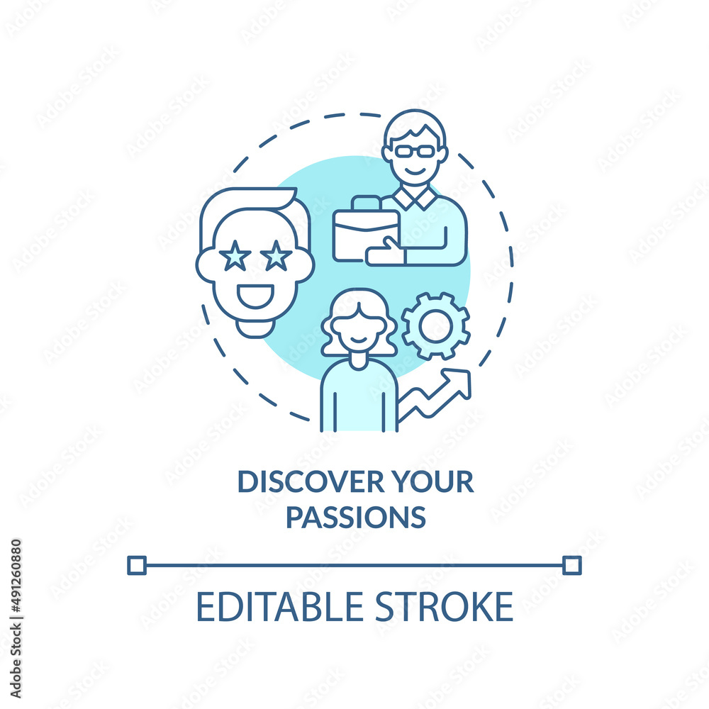 Discover your passions turquoise concept icon. What to do about bad career choice abstract idea thin line illustration. Isolated outline drawing. Editable stroke. Arial, Myriad Pro-Bold fonts used Discover your passions turquoise concept icon. What to do about bad career choice abstract idea thin line illustration. Isolated outline drawing. Editable stroke. Arial, Myriad Pro-Bold fonts used
