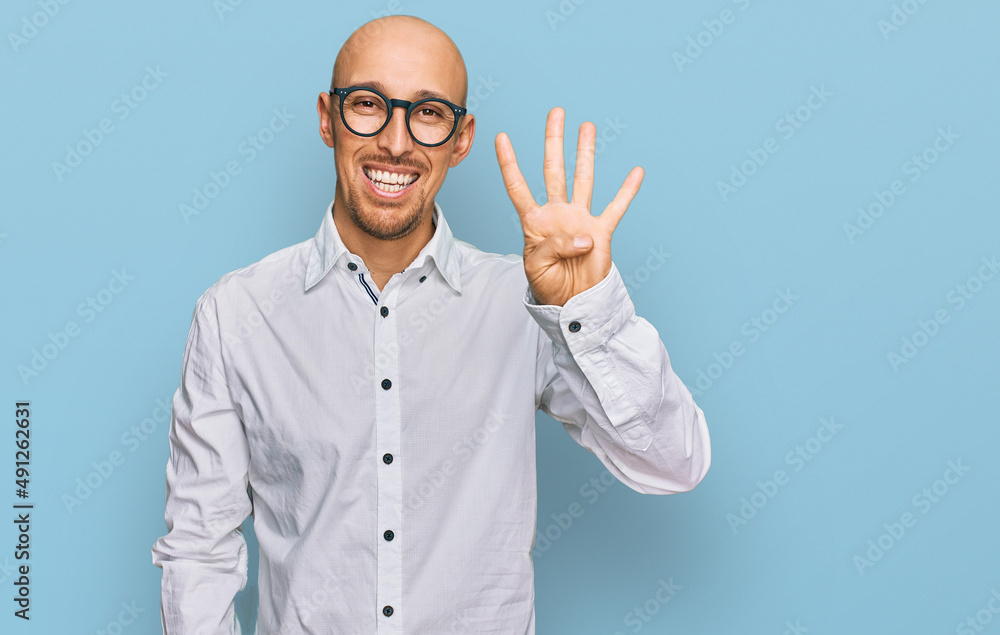 Bald man with beard wearing business shirt and glasses showing and pointing up with fingers number four while smiling confident and happy. Bald man with beard wearing business shirt and glasses showing and pointing up with fingers number four while smiling confident and happy.