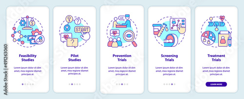 Types of clinical studies onboarding mobile app screen. Research walkthrough 5 steps graphic instructions pages with linear concepts. UI, UX, GUI template. Myriad Pro-Bold, Regular fonts used