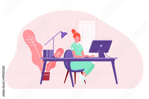 Nurse or Doctor at desk in front of computer doing online consultation. Vector illustration.