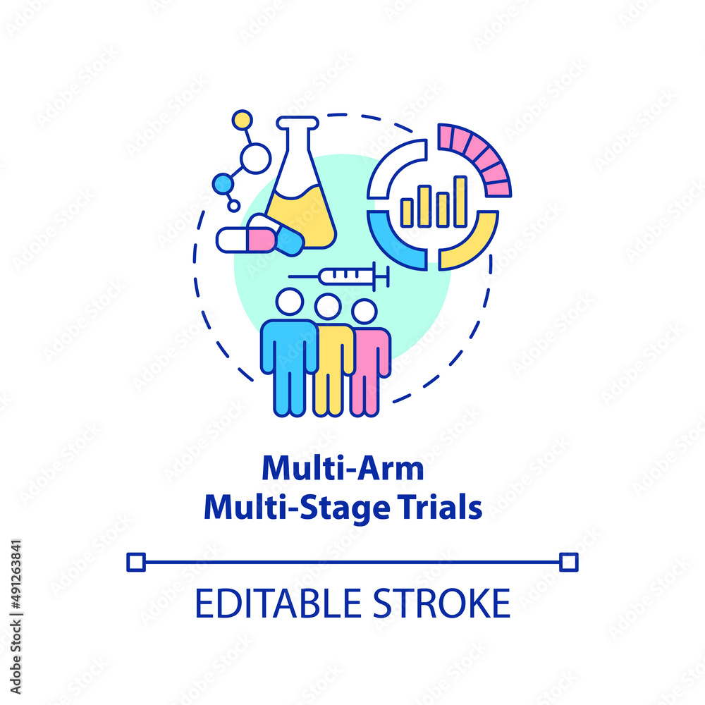 Multi-arm multi-stage trials concept icon. Healthcare testing. Clinical studies type abstract idea thin line illustration. Isolated outline drawing. Editable stroke. Arial, Myriad Pro-Bold fonts used