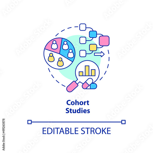 Cohort studies concept icon. Test of patient group. Clinical trials type abstract idea thin line illustration. Isolated outline drawing. Editable stroke. Arial, Myriad Pro-Bold fonts used
