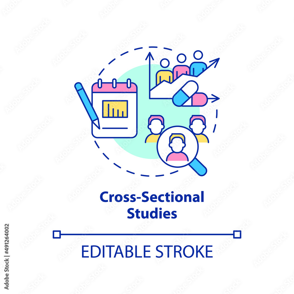 Cross-sectional studies concept icon. Scientific experiment. Clinical trials type abstract idea thin line illustration. Isolated outline drawing. Editable stroke. Arial, Myriad Pro-Bold fonts used