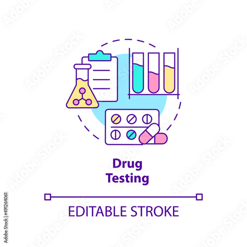 Drug testing concept icon. Pharmacy researching. Things to be tested abstract idea thin line illustration. Isolated outline drawing. Editable stroke. Arial, Myriad Pro-Bold fonts used