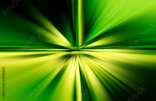 Abstract radial zoom blur surface in dark green and yellow tones. Bright green background with radial, radiating, converging lines. 