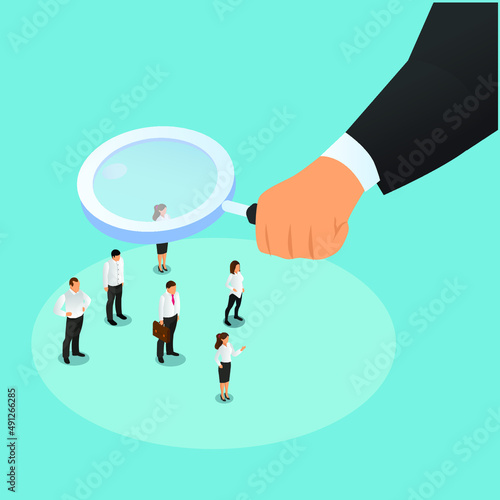 Recruitment - Hand holding magnifying glass to find new staff isometric 3d vector concept for banner, website, illustration, landing page, flyer, etc.