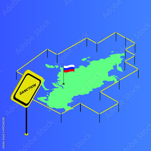 Sanctions - Yellow ribbon around the map of the Russian Federation isometric 3d vector concept for banner, website, illustration, landing page, flyer, etc.
