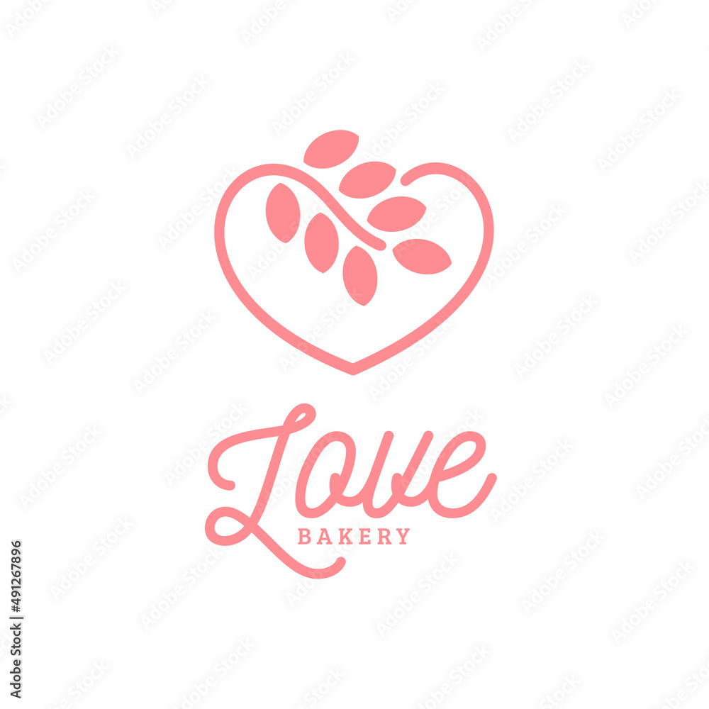 bakery logo design with wheat and love shape