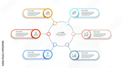 Basic circle infographic template with 6 steps, process or options, process chart, Used for process diagram, presentations, workflow layout, flow chart, infograph. Vector eps10 illustration.