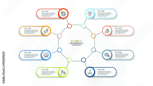 Basic circle infographic template with 8 steps, process or options, process chart, Used for process diagram, presentations, workflow layout, flow chart, infograph. Vector eps10 illustration.