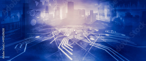 Digital circuit board virtual with cityscape