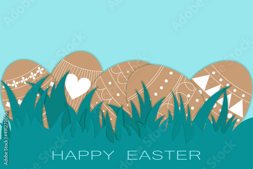 Postcard with Easter eggs for the holiday of Easter, the inscription Happy Easter, Easter eggs with patterns hidden in the grass