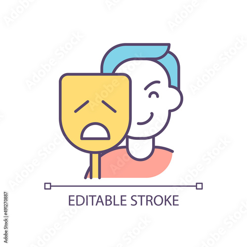 Two-faced manipulator with dramatic statements RGB color icon. Targeting victim emotional weaknesses. Isolated vector illustration. Simple filled line drawing. Editable stroke. Arial font used