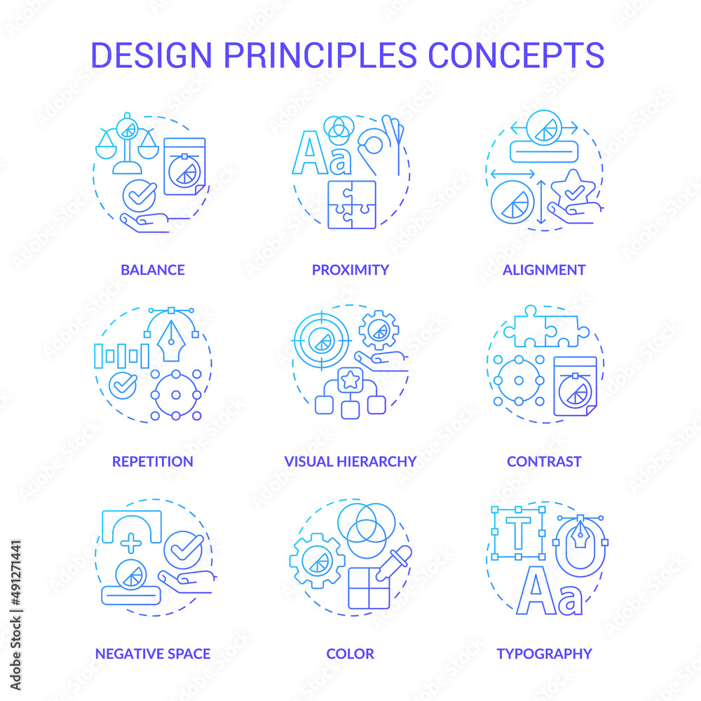 Design principles blue gradient concept icons set. Visual content trends idea thin line color illustrations. Isolated symbols. Editable stroke. Roboto-Medium, Myriad Pro-Bold fonts used