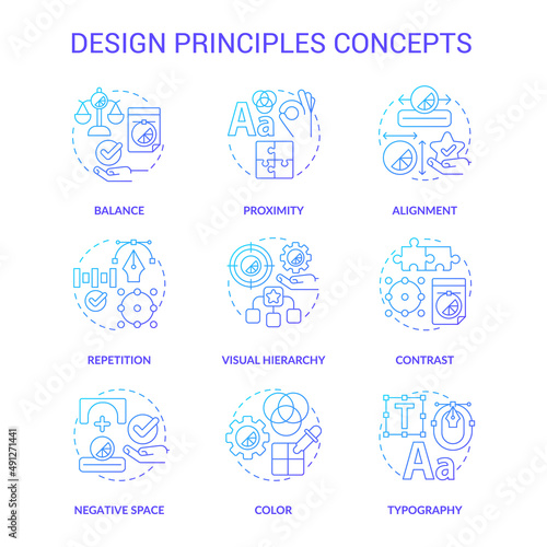 Design principles blue gradient concept icons set. Visual content trends idea thin line color illustrations. Isolated symbols. Editable stroke. Roboto-Medium, Myriad Pro-Bold fonts used