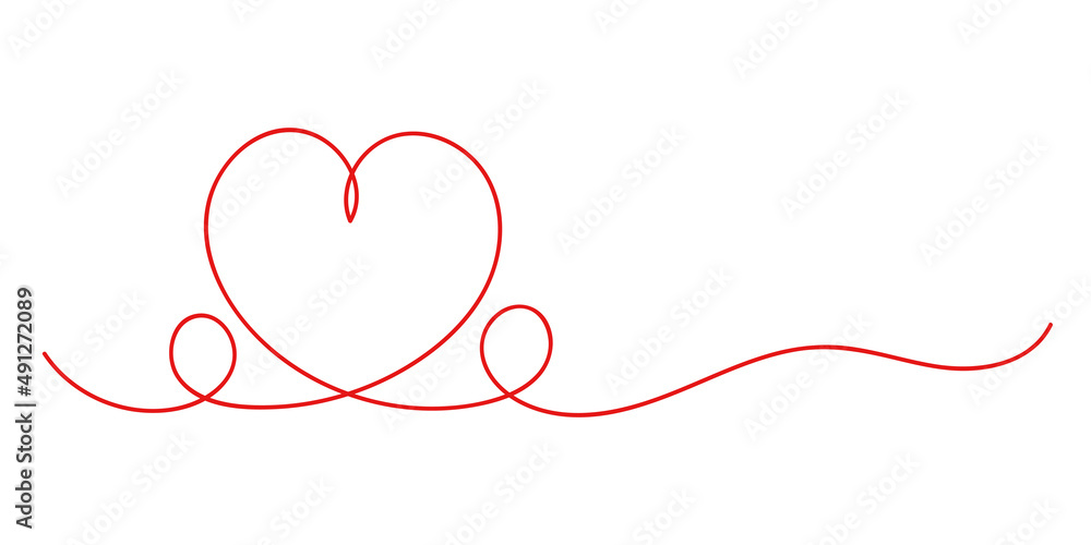 Continuous one line art heart drawing symbol sign doodle style vector design element image.