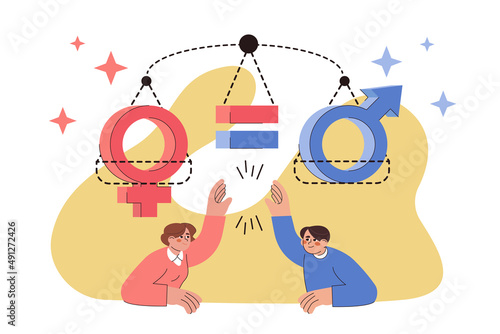 Equality between man and woman with female and male gender sign on scales. Flat people demonstrate gender identity, relationship balance, sex parity and equal opportunities. Concept of egalitarianism.