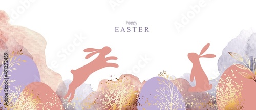 Happy Easter banner. Colorful design with watercolor abstract forms, bunnies, eggs, golden splatters.