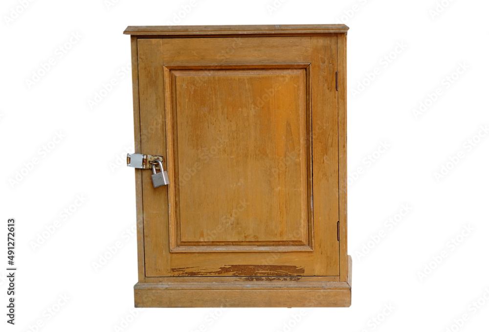 Antique wooden donation box isolated on white background. Locked for safety. Keeping money, treasure, value things. Cabinet. 