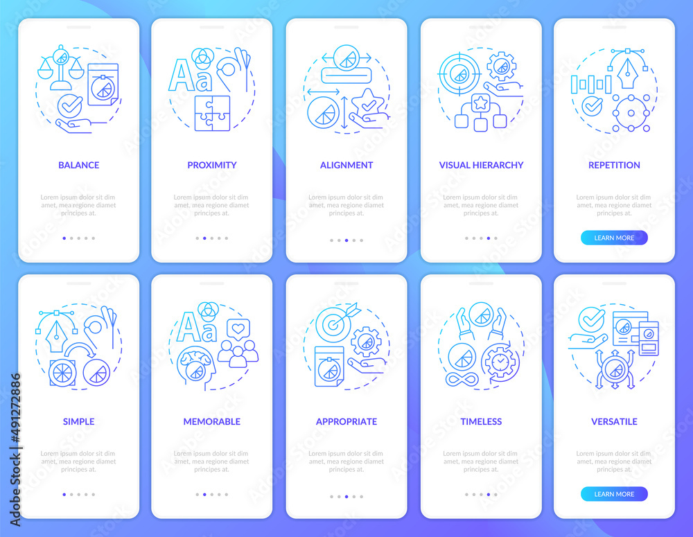 Design principles blue gradient onboarding mobile app screen set. Content walkthrough 5 steps graphic instructions pages with linear concepts. UI, UX, GUI template. Myriad Pro-Bold, Regular fonts used