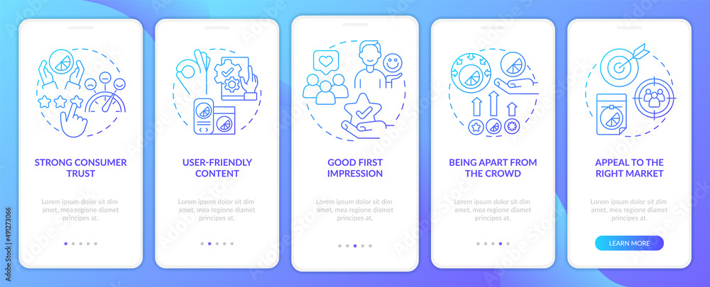 Good design importance blue gradient onboarding mobile app screen. Style walkthrough 5 steps graphic instructions pages with linear concepts. UI, UX, GUI template. Myriad Pro-Bold, Regular fonts used