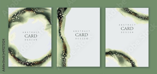 Festive elegant green, white, grey, black watercolor background. Golden gradient dots, confetti.