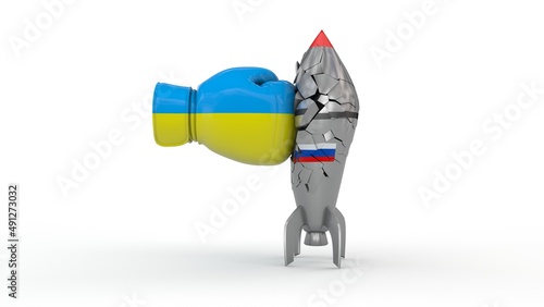 3d rendering of a boxing glove with the flag of Ukraine. A strike on a rocket with the flag of Russia. The rocket was destroyed by the impact. The idea of an armed conflict between Russia and Ukraine.