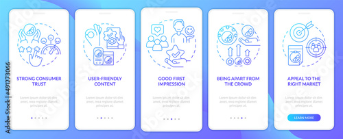 Good design importance blue gradient onboarding mobile app screen. Style walkthrough 5 steps graphic instructions pages with linear concepts. UI, UX, GUI template. Myriad Pro-Bold, Regular fonts used