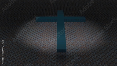 3d illustration - metal Christian cross on metal background surface photo