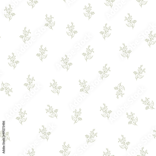 Vector green illustration. Floral seamless pattern. Bouquet of wild flowers. Hand drawn flower field. Simple flowers. Flowering heads of field chamomile. Outline drawing.