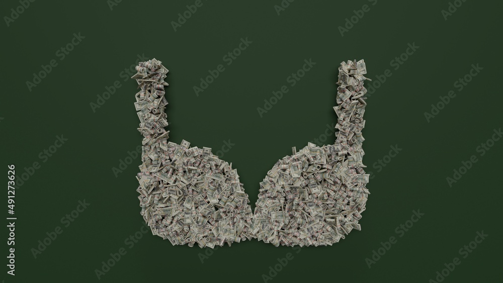 3d rendering of dollar cash rolls and stacks in shape of symbol of bra on green background 3d rendering of dollar cash rolls and stacks in shape of symbol of bra on green background