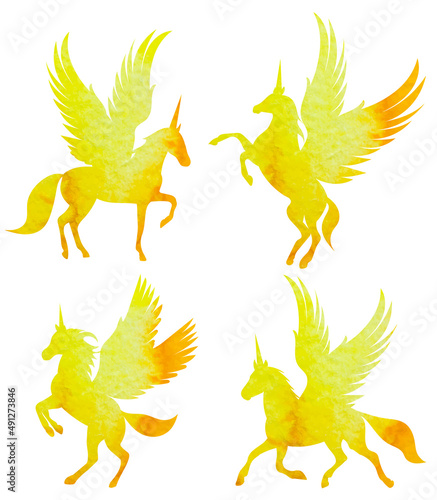 pegasus yellow watercolor silhouette set isolated vector