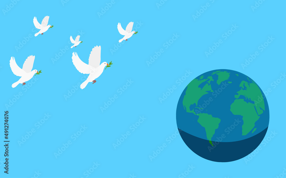 Naklejka premium dove with laurel in its mouth fly to earth on a blue background