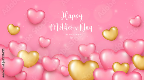 Happy mother's day pink golden love heart with bokeh background