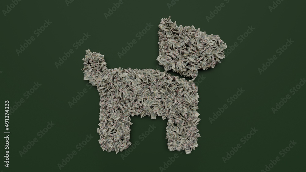 3d rendering of dollar cash rolls and stacks in shape of symbol of dog on green background 3d rendering of dollar cash rolls and stacks in shape of symbol of dog on green background