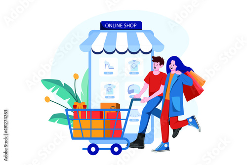 The couple goes shopping chart in a mobile online shop.