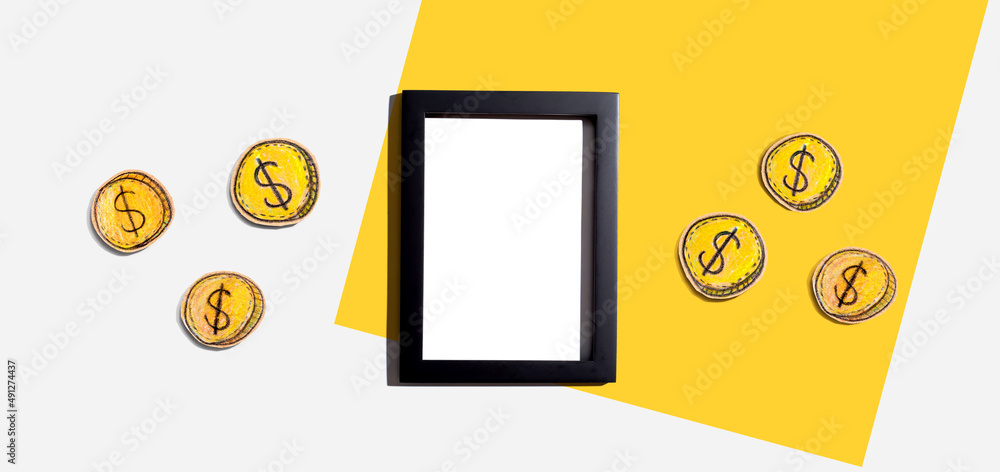 Blank photo frame with coins - earn online - work from home themes Blank photo frame with coins - earn online - work from home themes