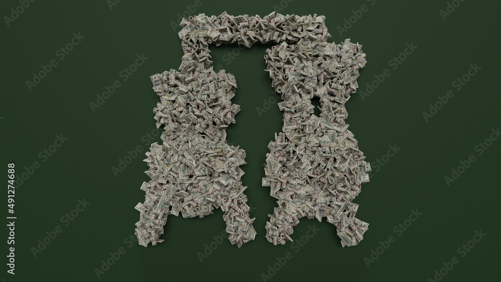 3d rendering of dollar cash rolls and stacks in shape of symbol of alchemy on green background 3d rendering of dollar cash rolls and stacks in shape of symbol of alchemy on green background