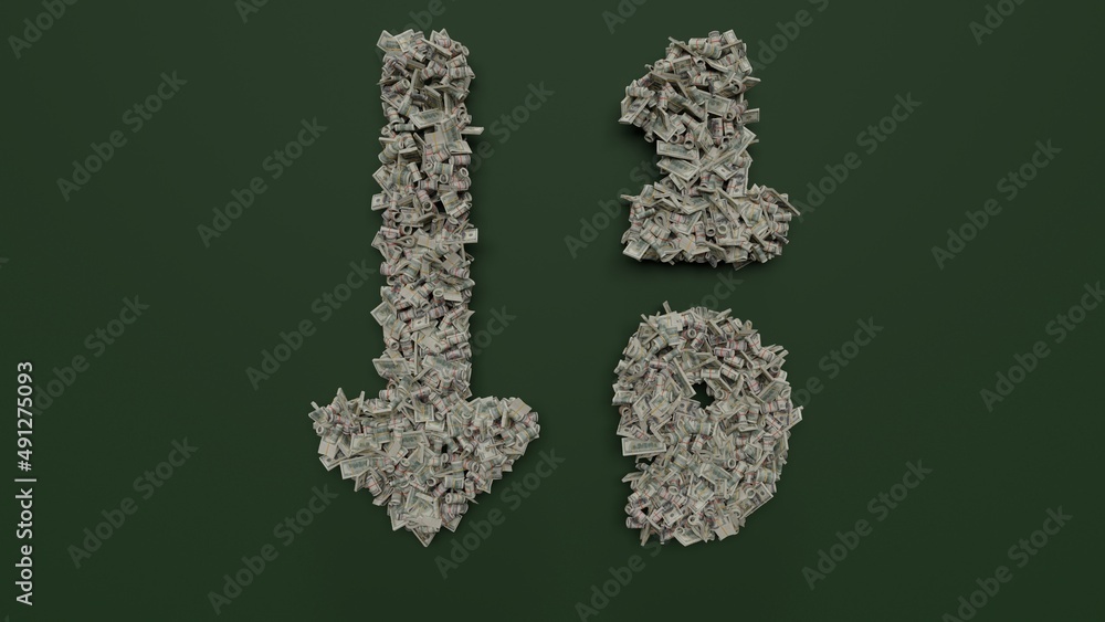3d rendering of dollar cash rolls and stacks in shape of symbol of sort numeric down on green background 3d rendering of dollar cash rolls and stacks in shape of symbol of sort numeric down on green background