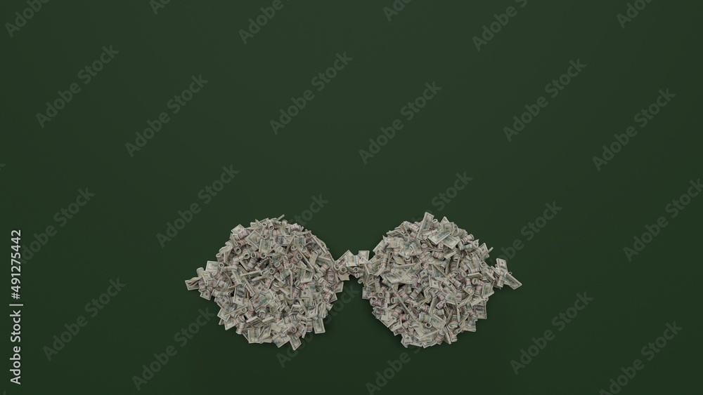 3d rendering of dollar cash rolls and stacks in shape of symbol of eyeglasses on green background 3d rendering of dollar cash rolls and stacks in shape of symbol of eyeglasses on green background