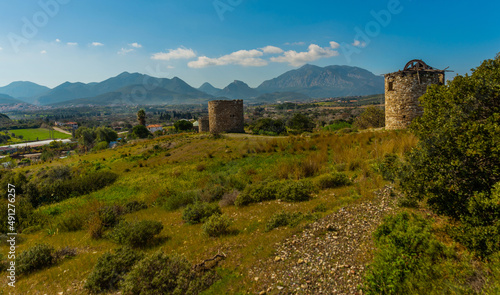 KIZLAN, MUGLA, TURKEY: Turkish traditional old windmills in the village of Kizlan, near the town of Datca.