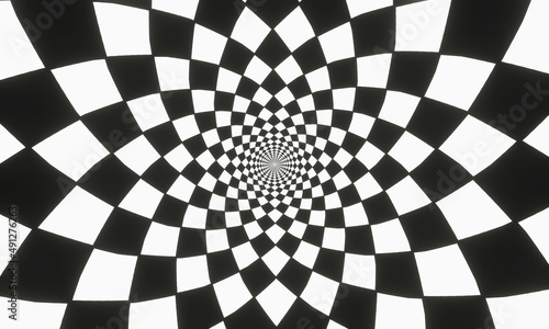 Square pattern, white and black, checkered pattern, twisted until a circle at the center. Optical Illusion Pattern Change from square to circle, use as Background or Wallpaper.