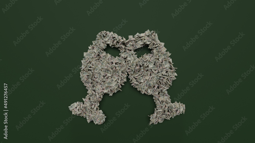 3d rendering of dollar cash rolls and stacks in shape of symbol of glass cheers on green background 3d rendering of dollar cash rolls and stacks in shape of symbol of glass cheers on green background