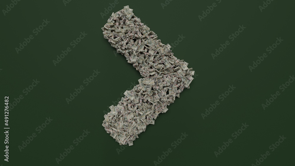 3d rendering of dollar cash rolls and stacks in shape of symbol of angle right on green background