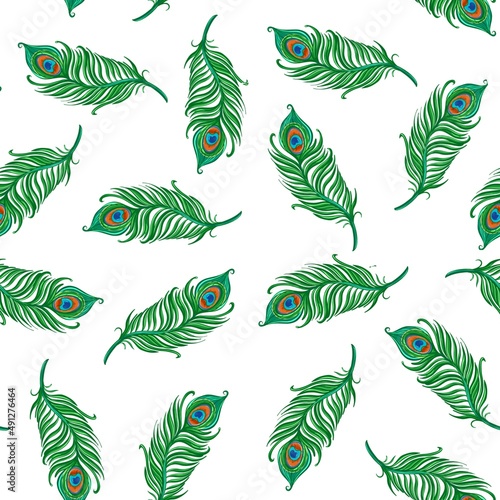 Seamless peacock feather pattern multicolored white background
