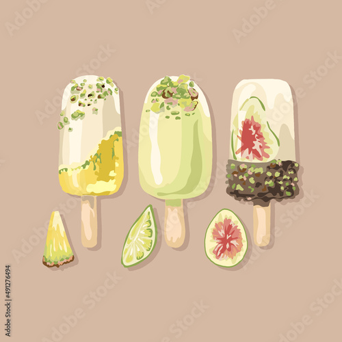 244_ice cream with fruits and nuts_ice cream, popsicle, pineapple, lime, lemon, fig, colorful set of creamy desserts with fruits and nuts
