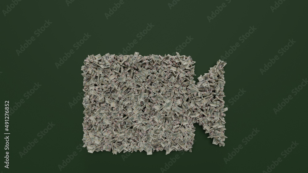 3d rendering of dollar cash rolls and stacks in shape of symbol of video on green background