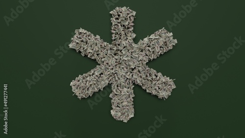 3d rendering of dollar cash rolls and stacks in shape of symbol of asterisk on green background
