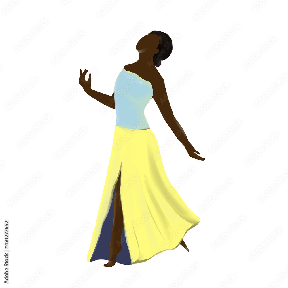 dark-skinned woman dancing in an evening dress in a dance hall, vector illustration