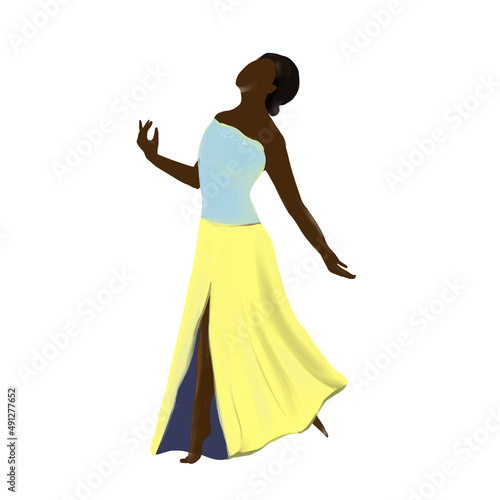 dark-skinned woman dancing in an evening dress in a dance hall, vector illustration